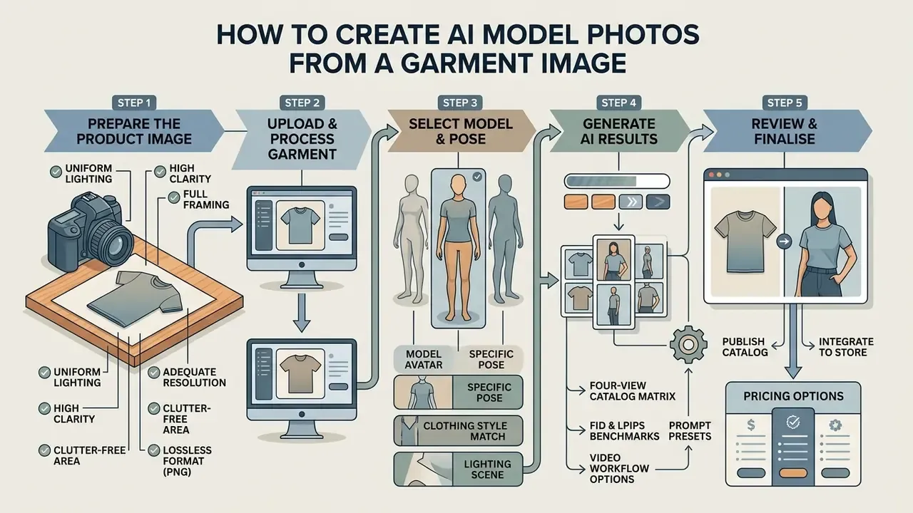 Five-step workflow diagram showing the process of transforming flat garment images into AI model photos
