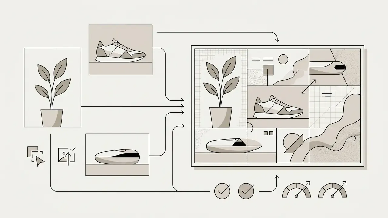 Individual image subjects being compiled into a structured collage layout with speed and quality indicators
