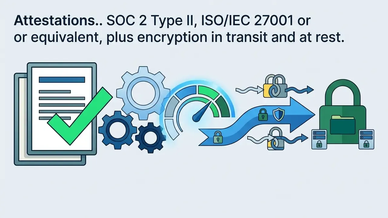 Documents with checkmarks passing through gears and security icons toward a locked folder and servers