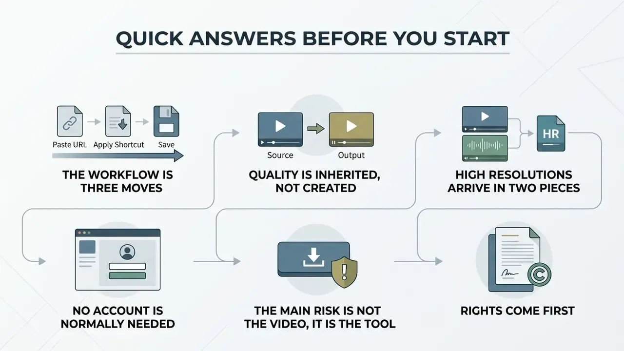 Infographic showing six key steps for using an online video downloader for YouTube