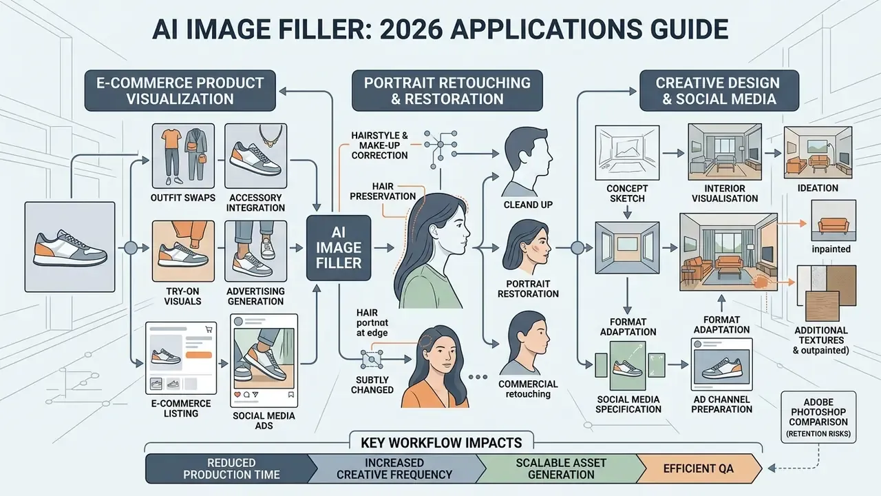 Workflow diagram mapping product visualization, portrait restoration, and design tasks to generative tools