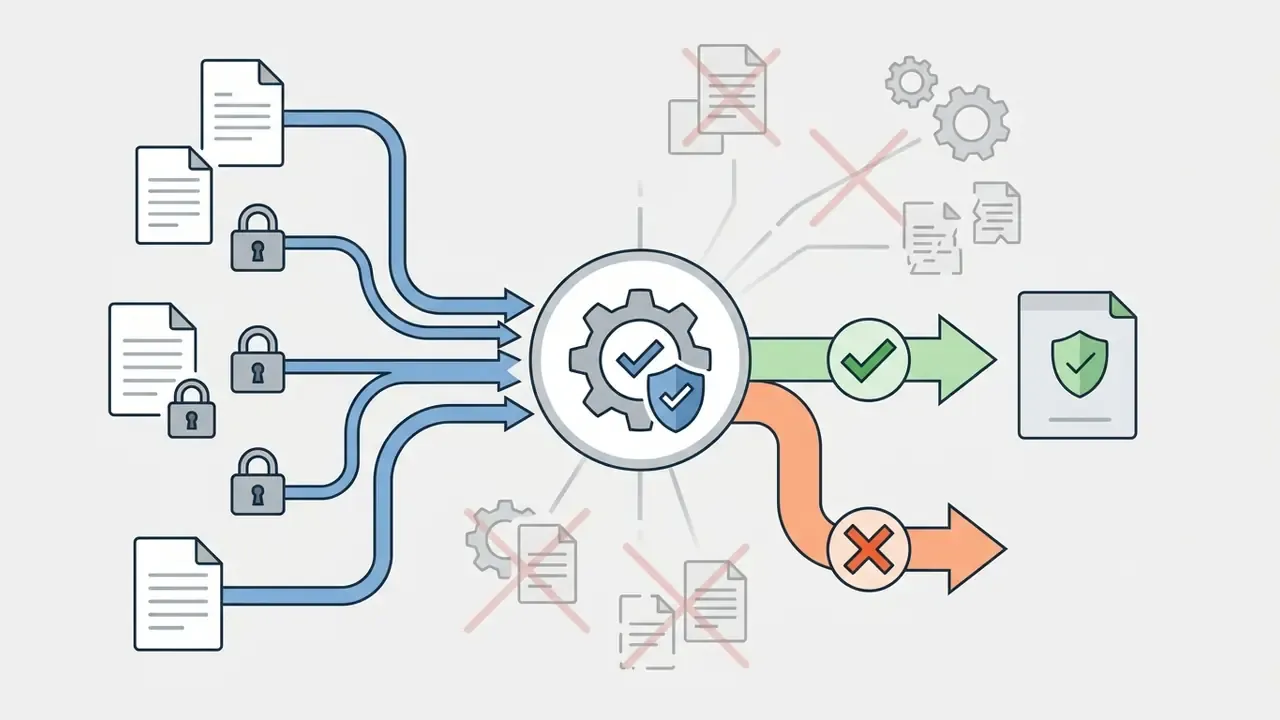 Central hub processing secured documents to filter approved versus rejected content for Leonardo AI
