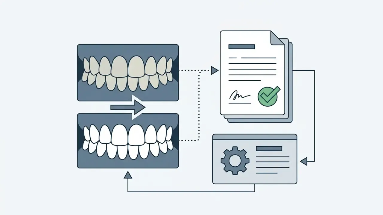 Workflow connecting before and after dental images to a signed consent form and digital processing tool