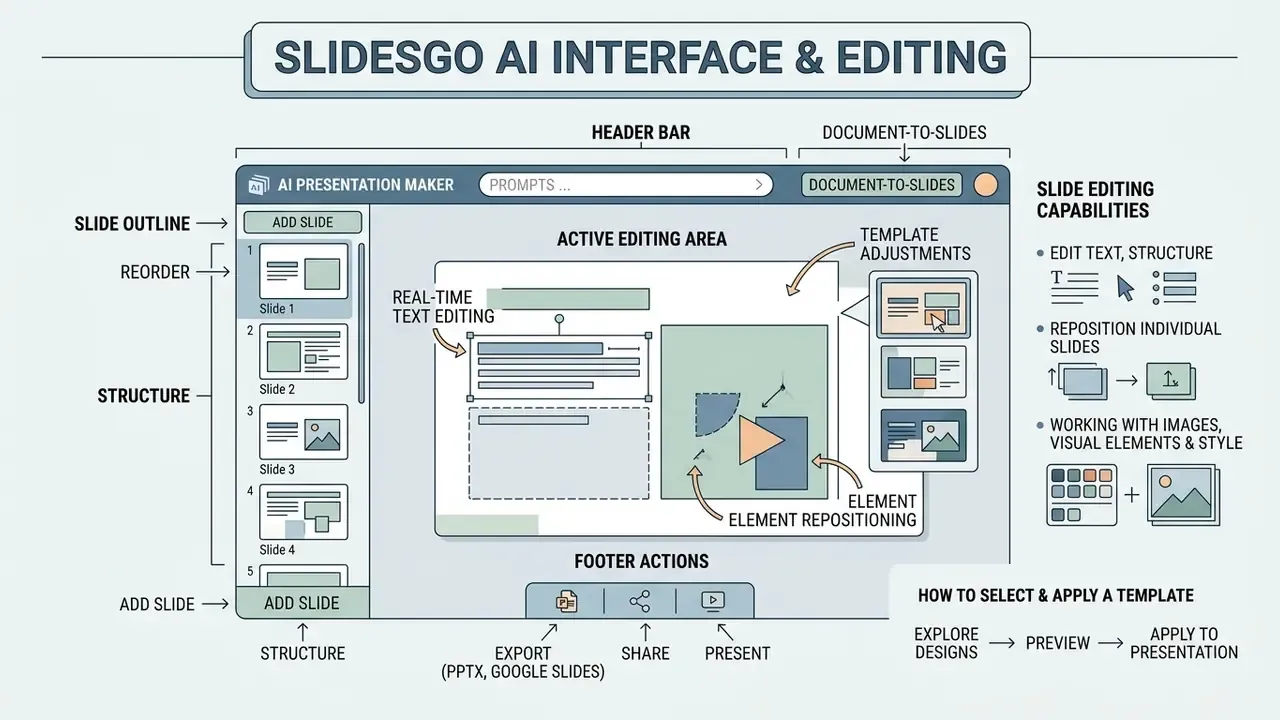 Layout of the Slidesgo AI presentation maker showing editing tools, slide structure, and design options
