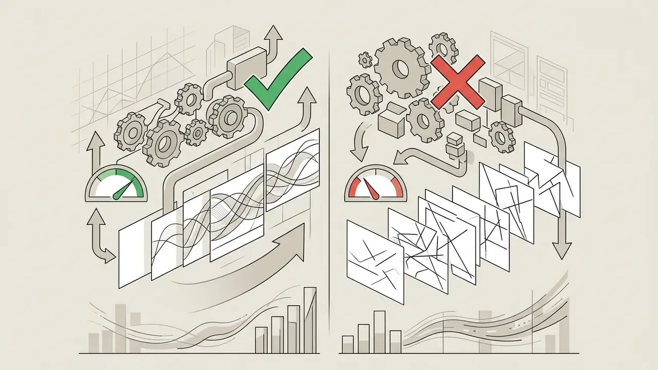 Side by side comparison of efficient gear systems producing smooth waves versus inefficient ones