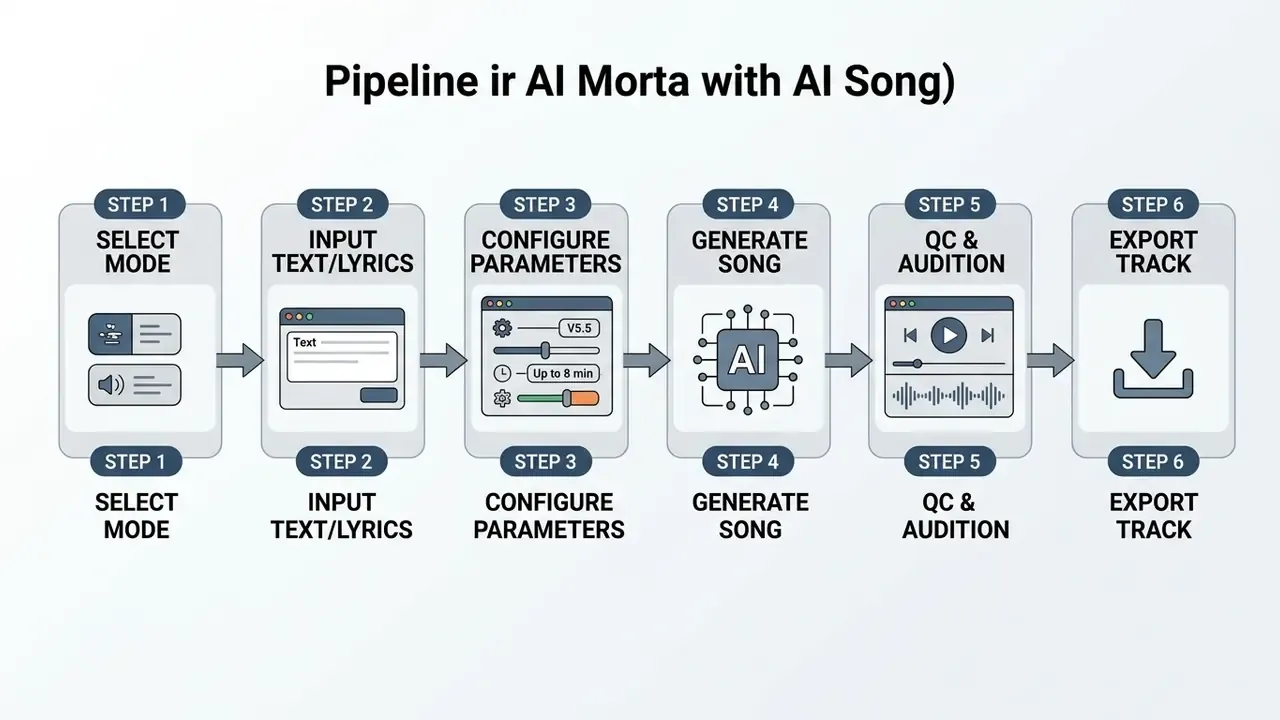 Linear sequence of six numbered steps illustrating the music production workflow from input to export