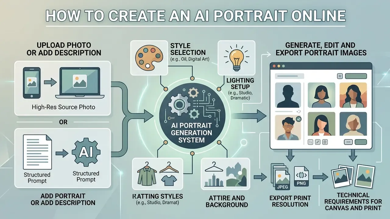 Step by step process flow for converting photos or text prompts into customized digital portraits