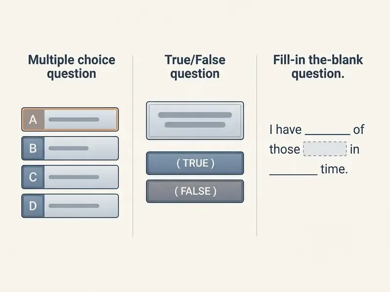 Visual examples of multiple choice, true or false, and fill-in-the-blank question formats