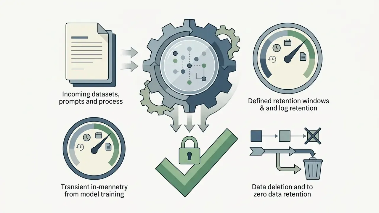 Data processing workflow showing inputs moving through a central gear to secure deletion and retention