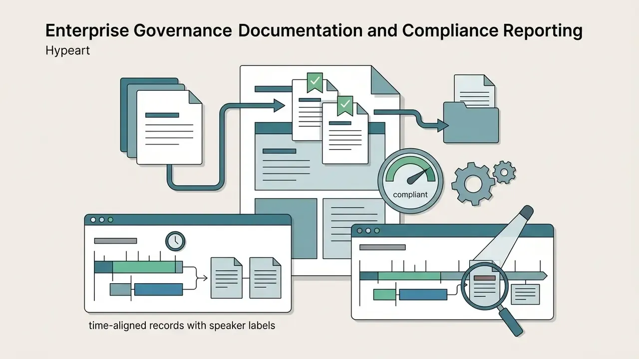 Documents flowing into a compliance report with a status gauge and time-aligned speaker transcriptions