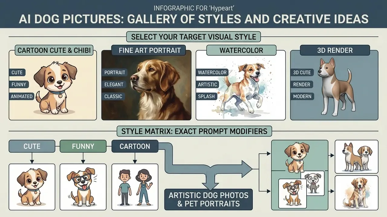 Visual guide comparing dog art styles including cartoon, fine art, watercolor, and 3D render examples
