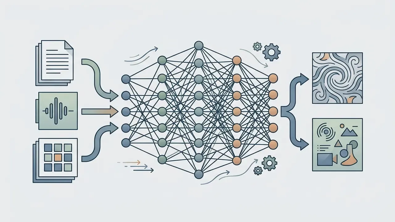 Multi-layer neural network processing text, audio, and image data into output patterns