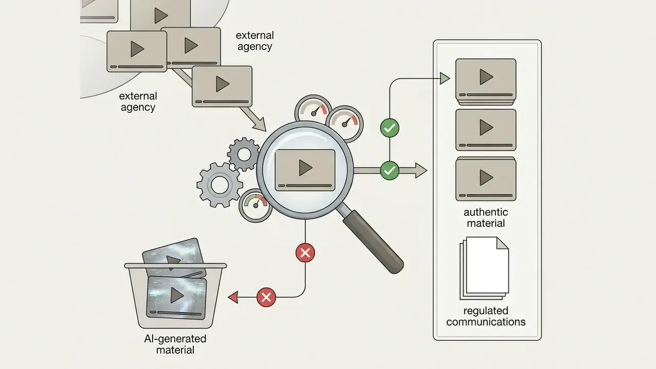 Magnifying glass sorting external video clips into authentic material or AI-generated waste bins