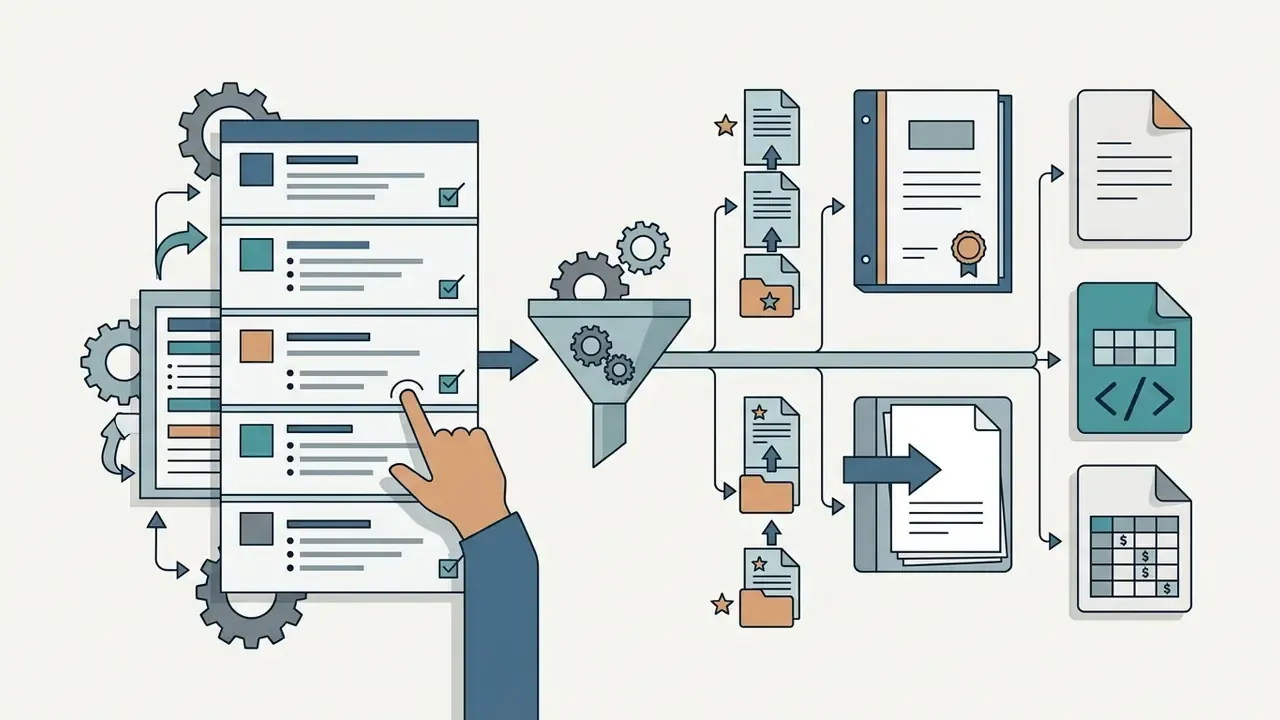 Hand selecting list items processed through a funnel into PDF, HTML, and CSV file formats