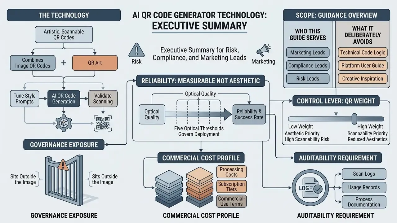 Flowchart detailing the technology, reliability thresholds, and governance of an AI QR code generator