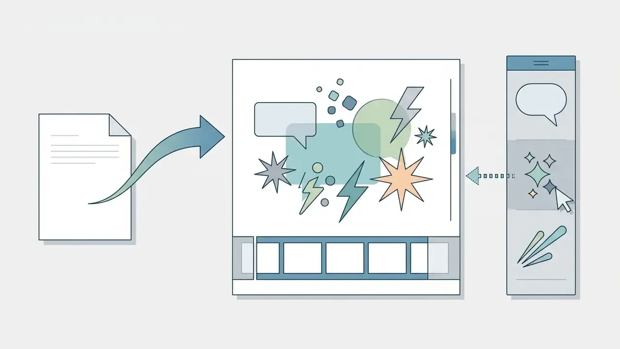 Document being converted into a layered scene with dynamic stickers and speech bubbles from a sidebar