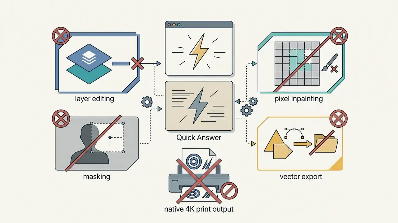 Diagram showing five unsupported features for Perplexity AI including layer editing and vector export