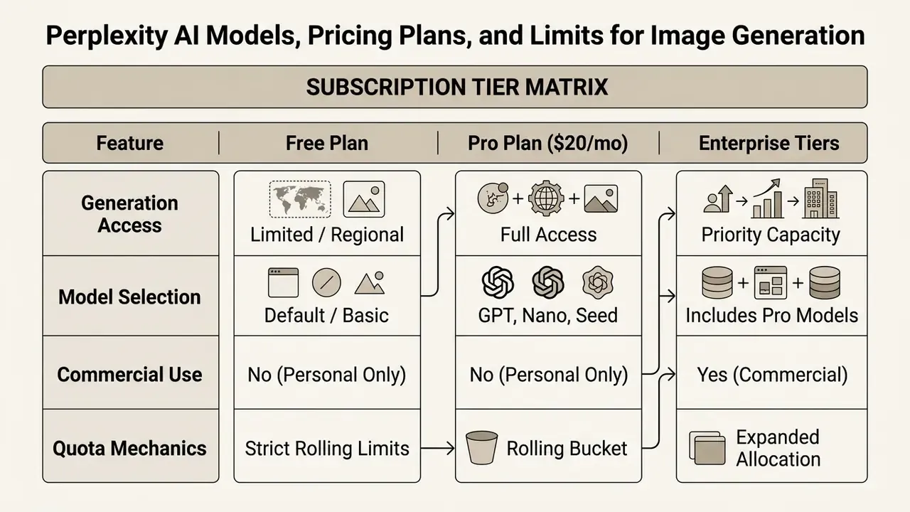 Comparison table outlining features, usage limits, and model access across different Perplexity subscription tiers