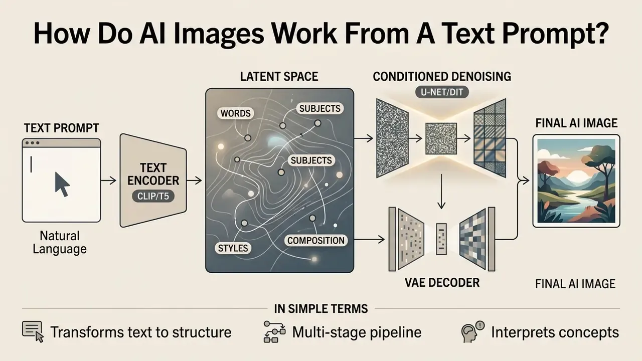 Flowchart showing how a text prompt travels through an encoder, latent space, and decoder to create an AI image