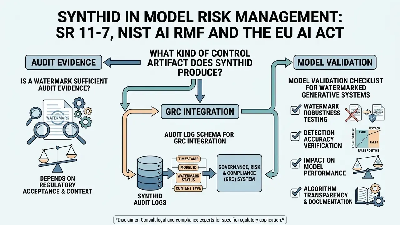 Flowchart mapping SynthID control artifacts to audit evidence, GRC integration, and model validation