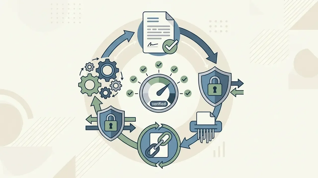 Circular process icons showing document signing, data protection, shredding, and encryption gear cycles