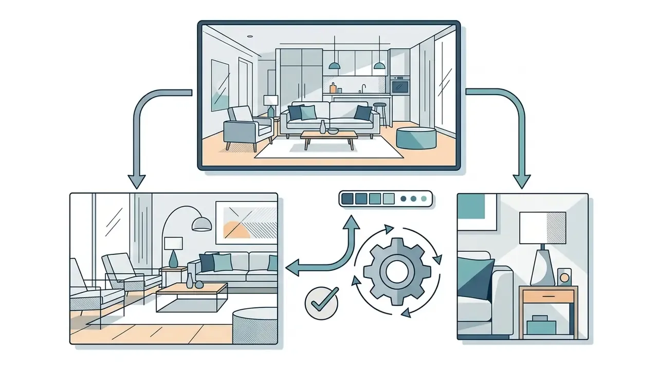 Central living room scene branching into two specific interior variations via a central gear mechanism