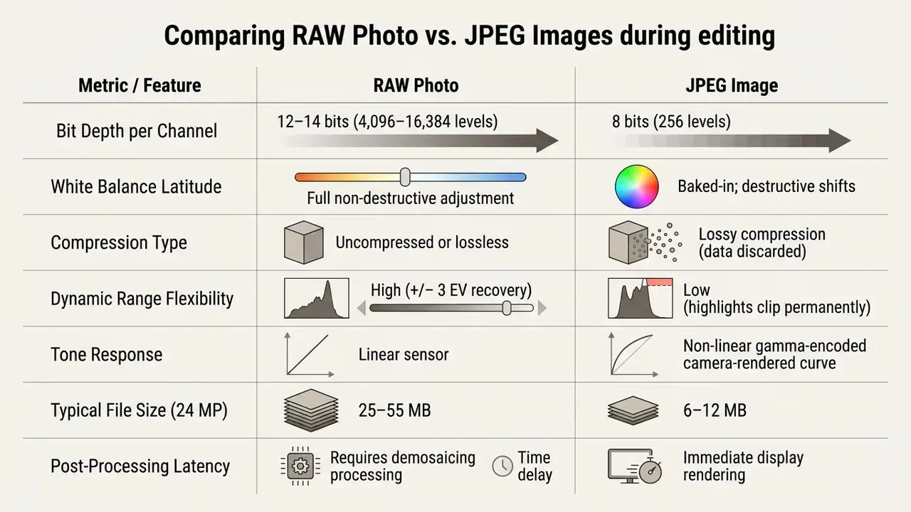 Comparison table listing technical differences between RAW and JPEG file formats for photo editing