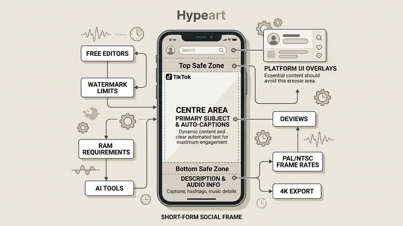 Mobile screen layout showing safe zones for short-form video content and technical editing requirements
