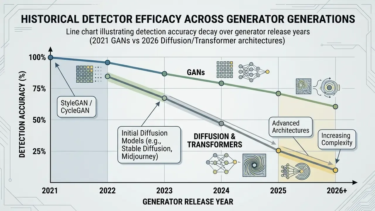 Line chart showing declining detection accuracy for GANs versus diffusion and transformer architectures