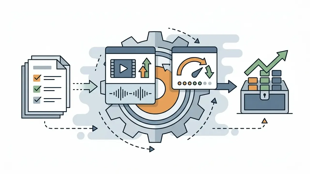 Document settings and video processing icons feeding into a central gear to calculate Kling AI credit costs