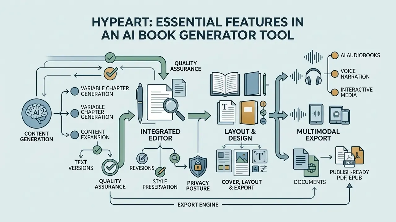 Diagram showing content generation, editing, layout design, and multimodal export workflows