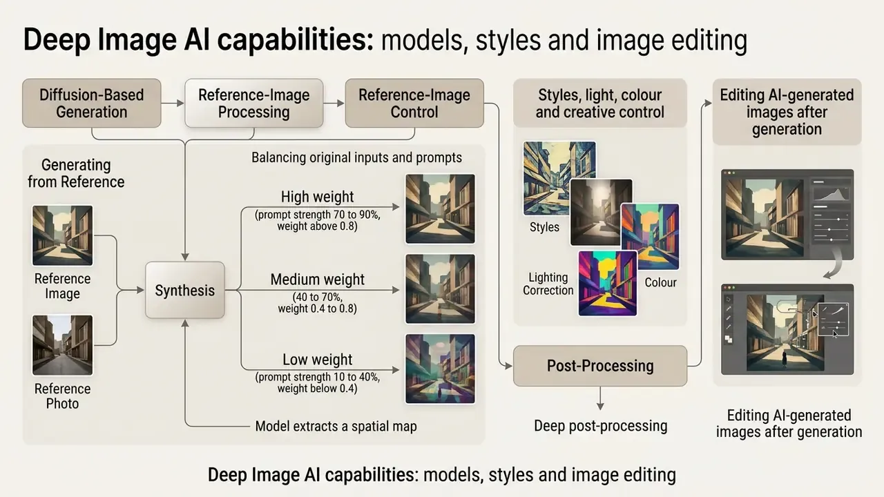 Process map showing reference image synthesis, weight balancing, style adjustments, and post-processing