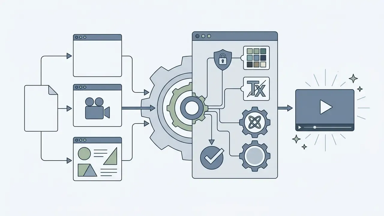 Brand assets and media files feeding a central gear system that outputs a polished video file