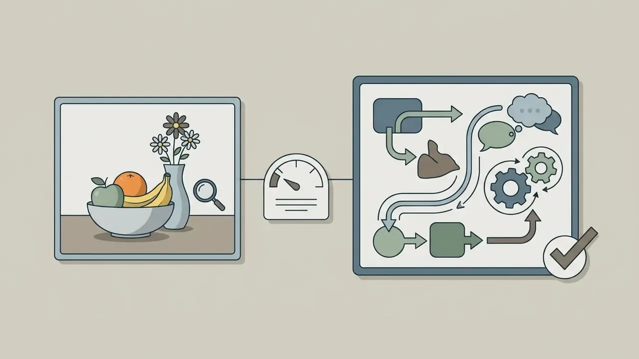 Still life fruit and flower study connected by a gauge to a conceptual process map with a checkmark