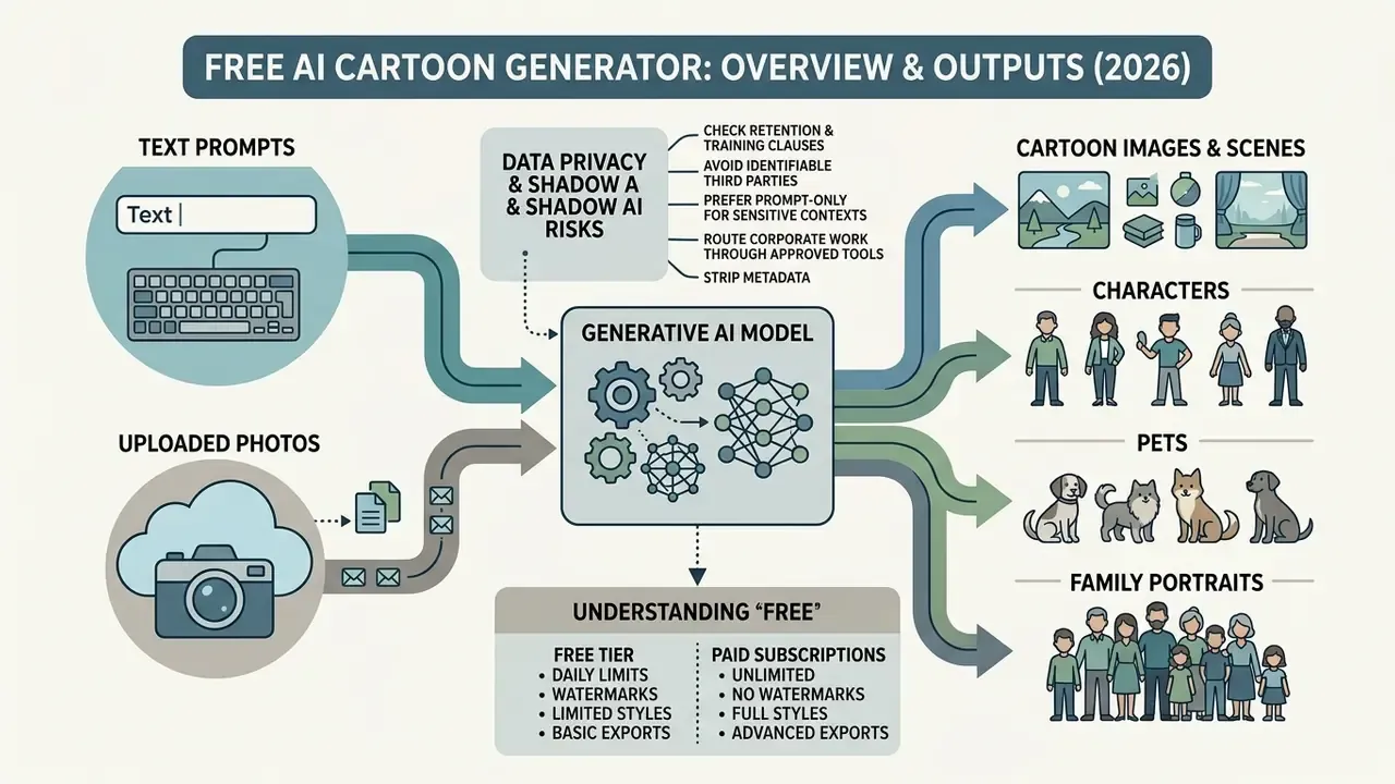 Infographic showing how a free AI cartoon generator processes text or photos into various cartoon outputs