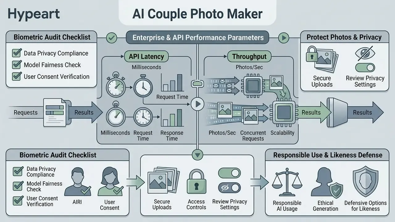 Diagram detailing API latency and throughput metrics alongside biometric audit and privacy protocols