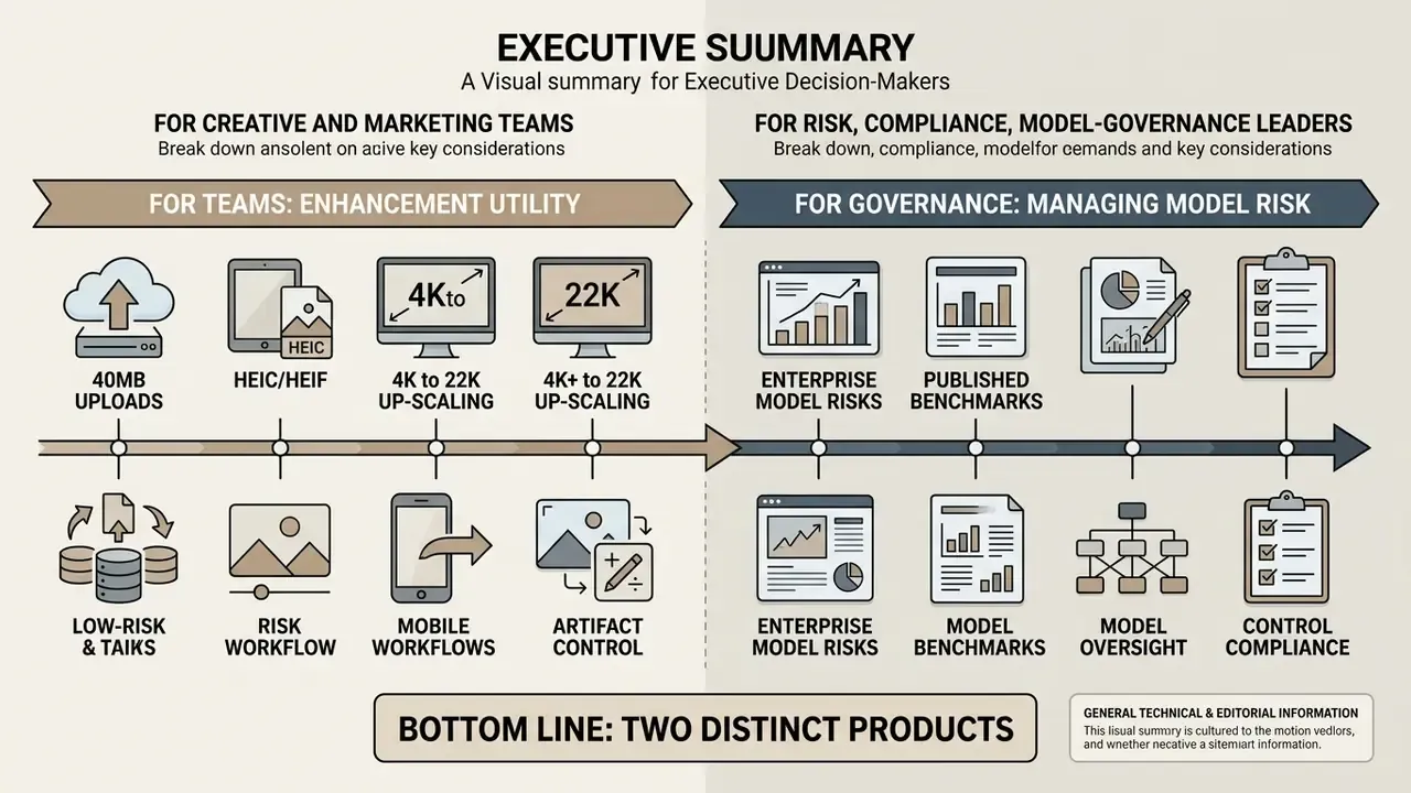 Infographic comparing AI image enhancement utility for creative teams versus governance risk management