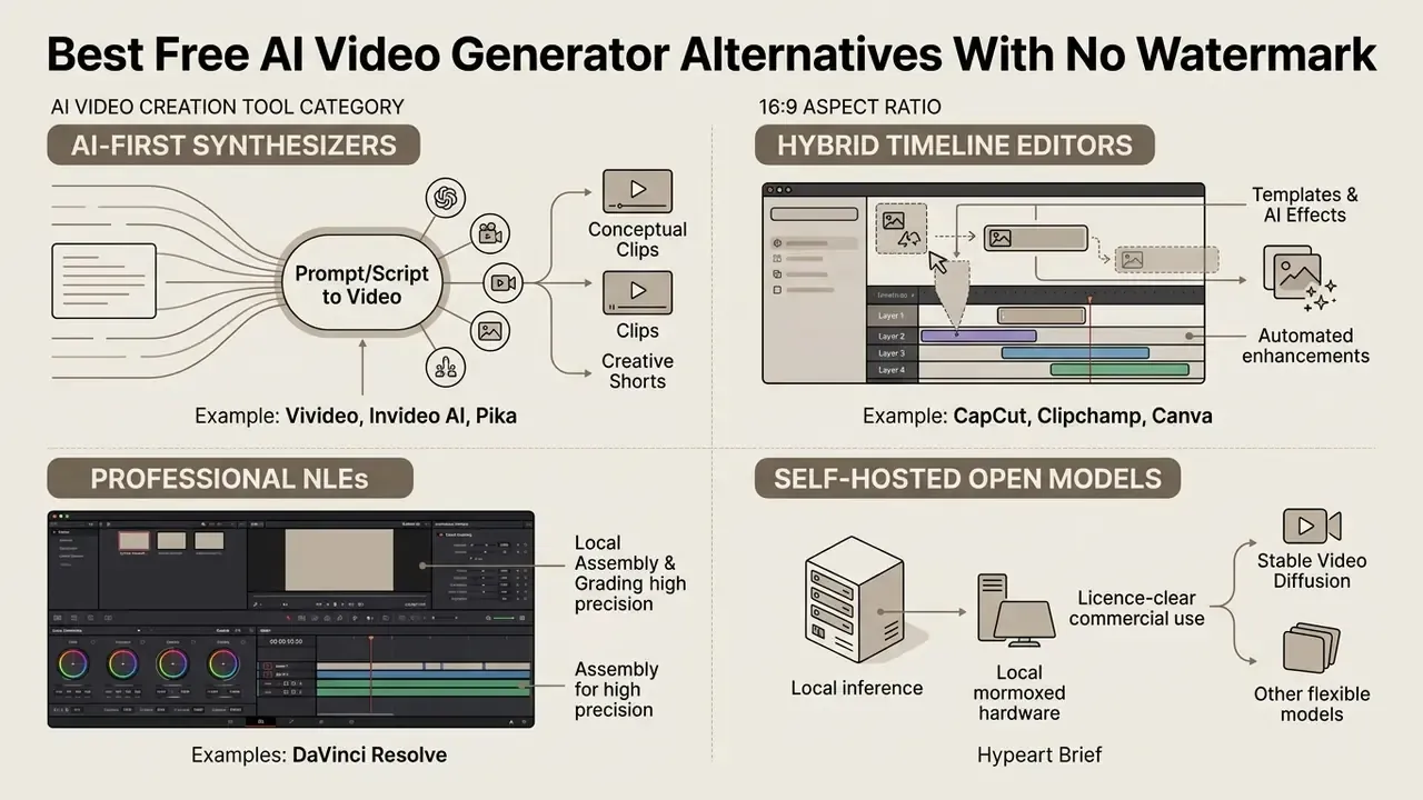 Four quadrants detailing categories of AI video creation tools including synthesizers and timeline editors