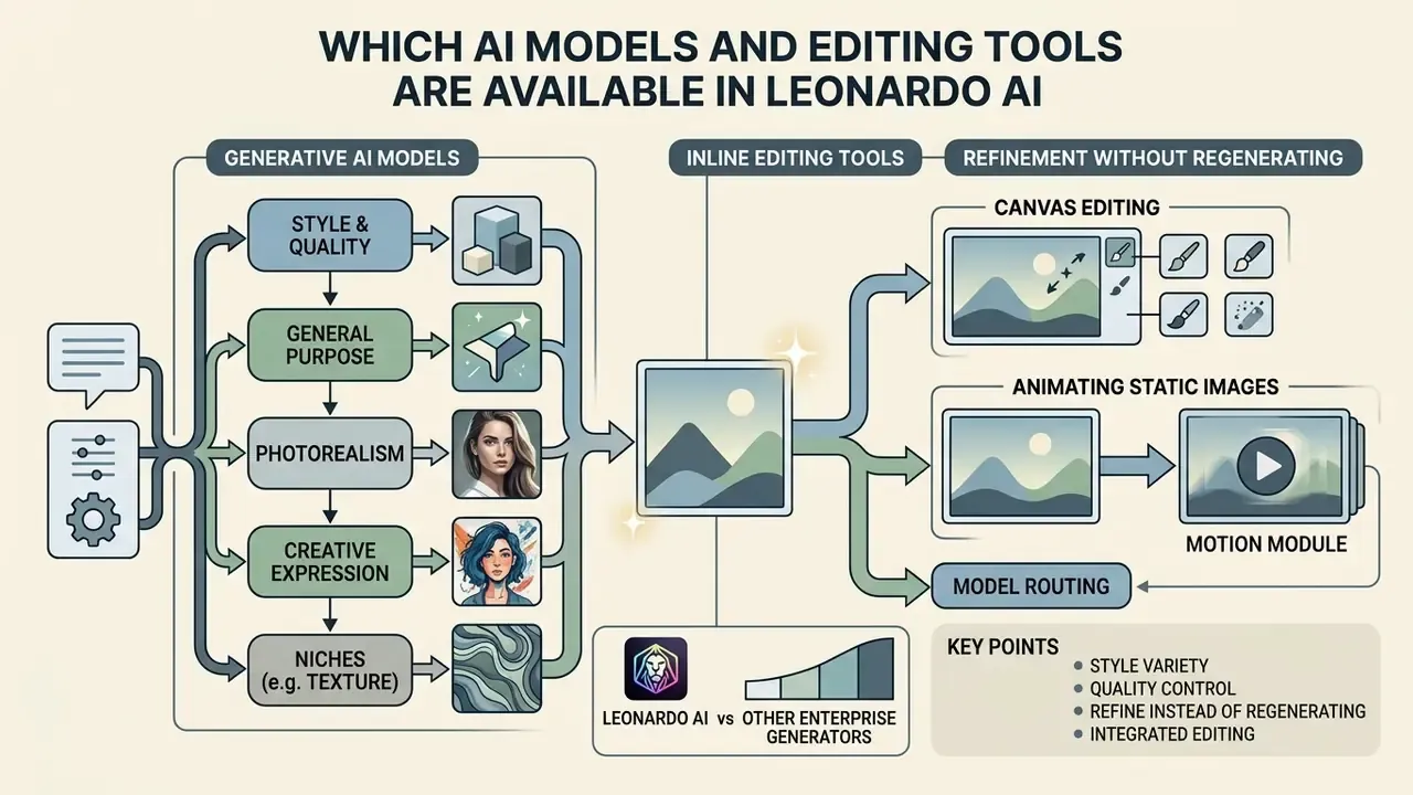 Infographic mapping the Leonardo AI workflow from model selection to inline editing and motion animation