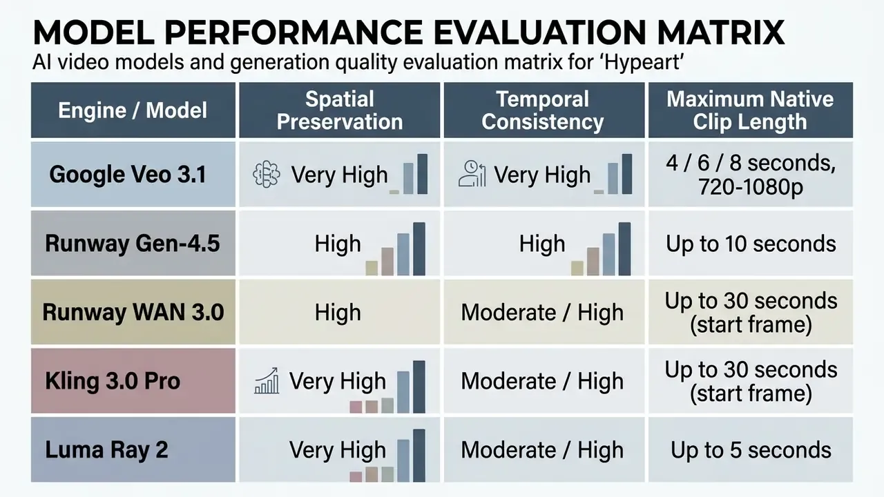 Data table comparing spatial preservation, temporal consistency, and clip length across various AI video models