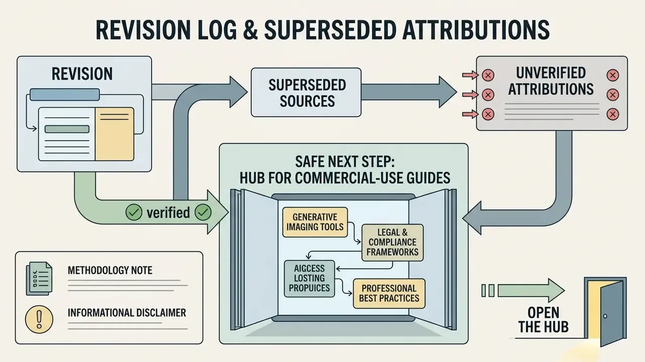 Flowchart showing the transition from superseded source attributions to a hub for commercial-use guides