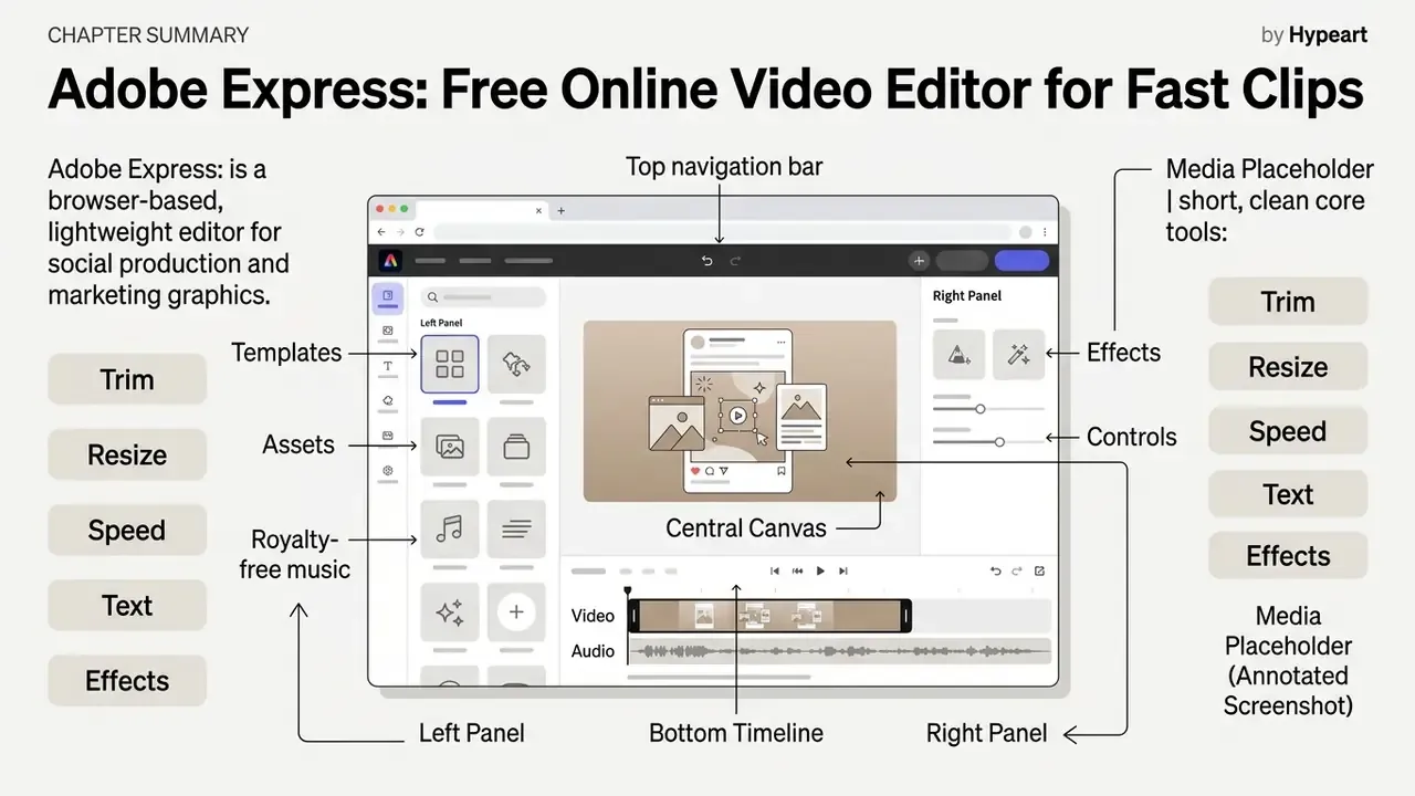 Annotated screenshot of the browser-based interface showing the navigation, panels, canvas, and timeline