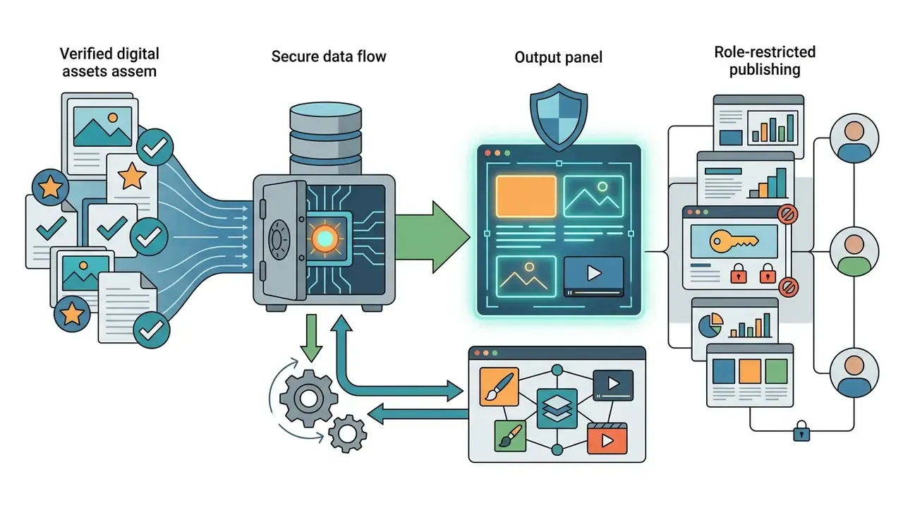 Digital assets entering a secure vault to be processed into output panels and restricted publishing roles