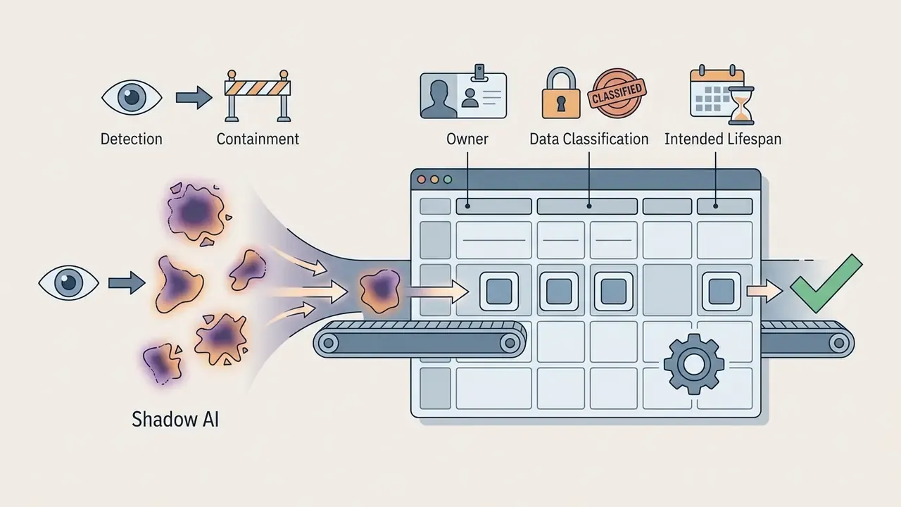 Shadow AI entities flowing onto a conveyor belt into a registration table with owner and classification