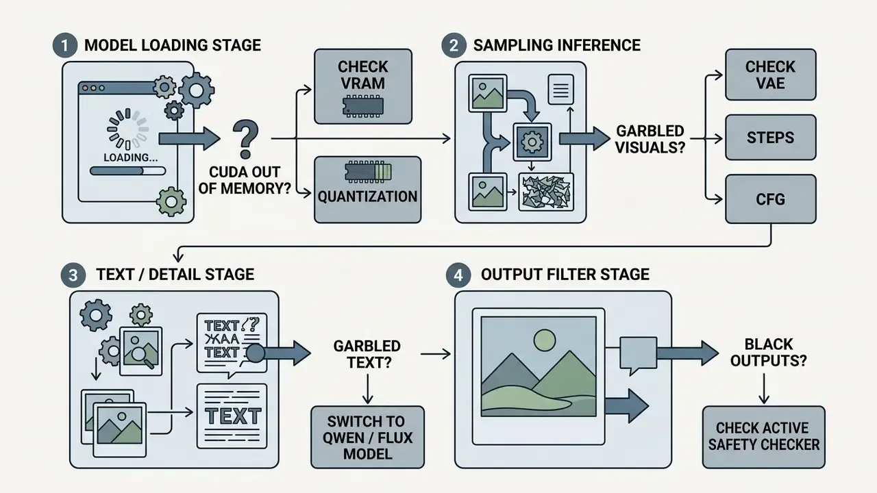 Flowchart showing a four stage diagnostic pipeline for troubleshooting generative model errors