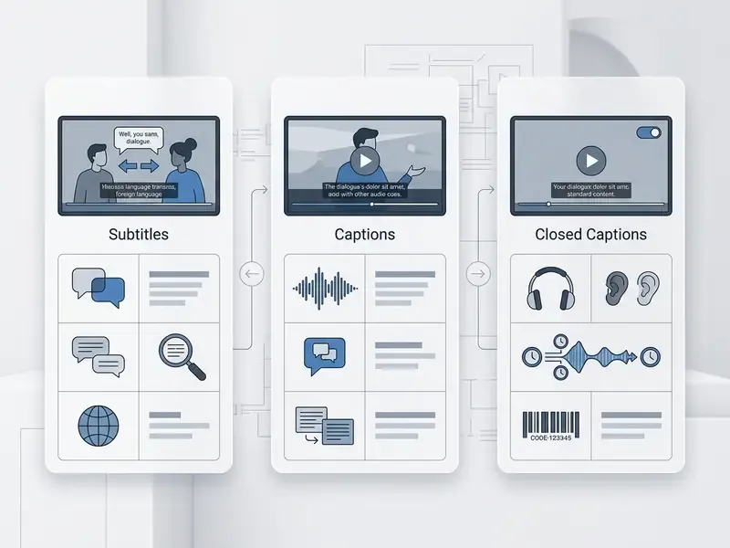 Three comparison cards detailing the functional differences between subtitles, captions, and closed captions