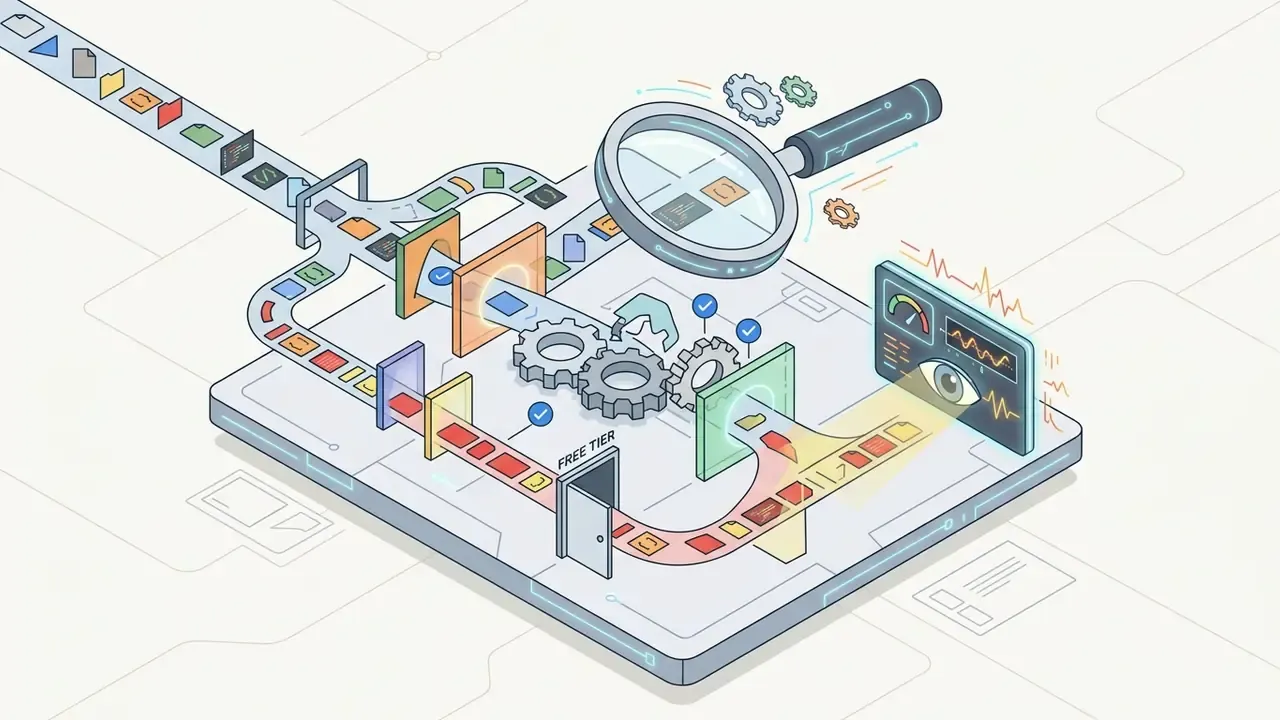 Files moving through a magnifying glass and gear system to monitor data entering a free tier portal