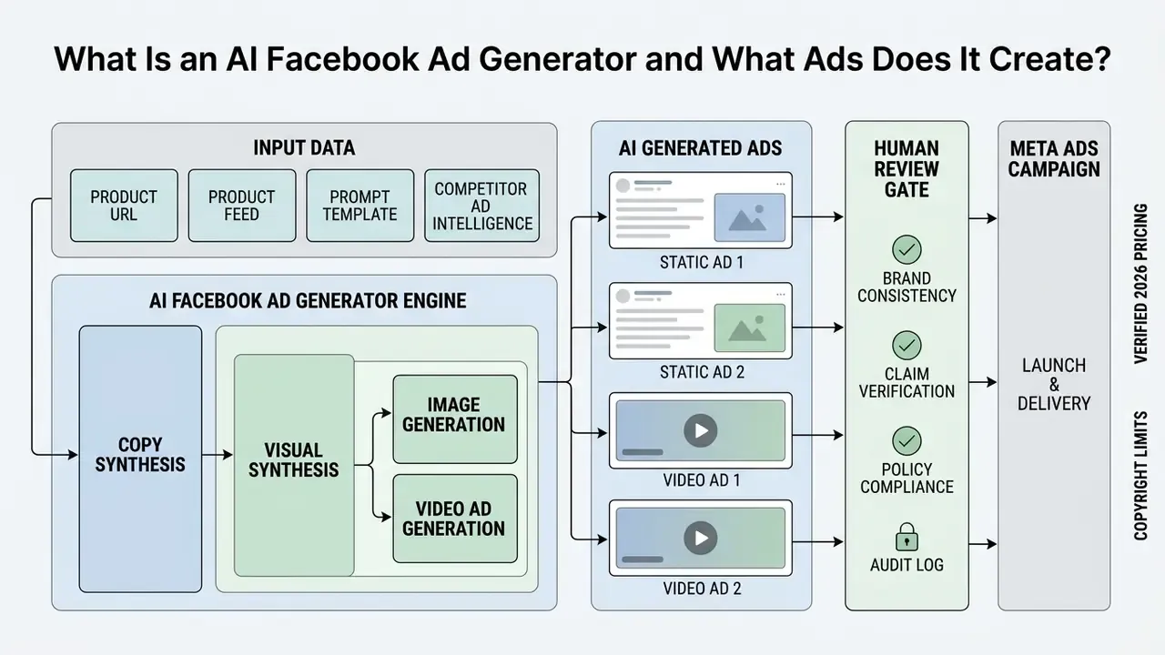Flowchart showing how an AI Facebook ad generator processes input data into ads via a human review gate