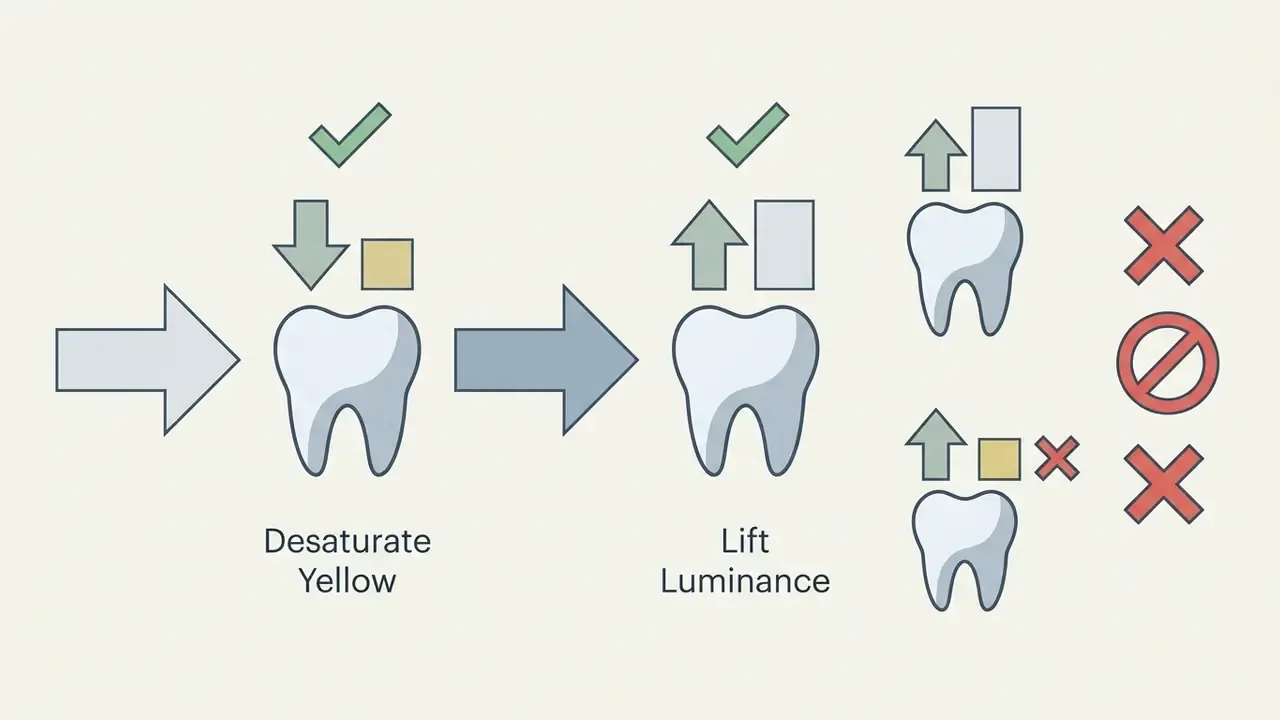 Workflow showing desaturation of yellow followed by luminance increase to avoid flat tooth textures