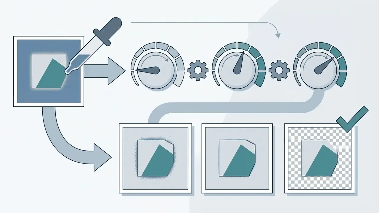 Eyedropper tool sampling a color followed by adjustment dials to refine transparency and edge quality